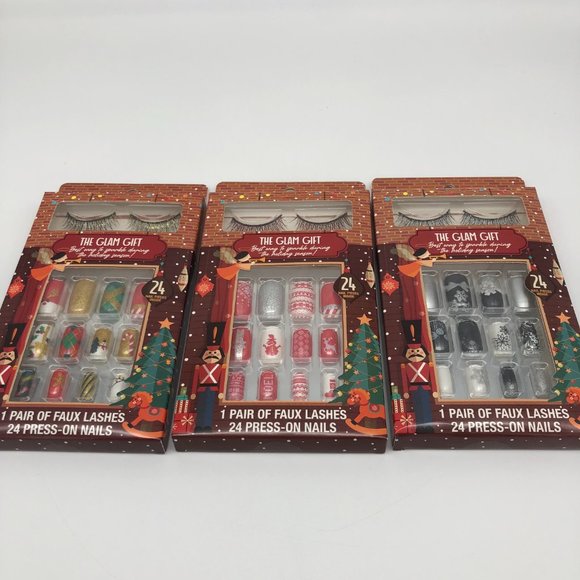 The Glam Gift Faux Lashes & Press-On Nails Set (3) Gold Red Silver NEW Christmas - Picture 2 of 3